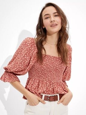 Boho Floral Smocked Peplum Blouse 3/4 Puff Sleeve Pink XS American Eagle